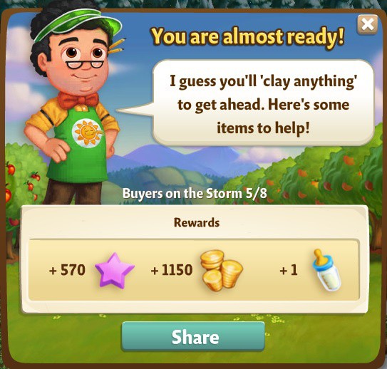 farmville 2 buyers in the storm: feat of clay rewards, bonus