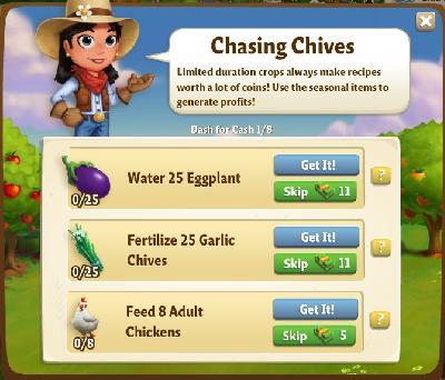 farmville 2 dash for cash: chasing chives rewards, bonus