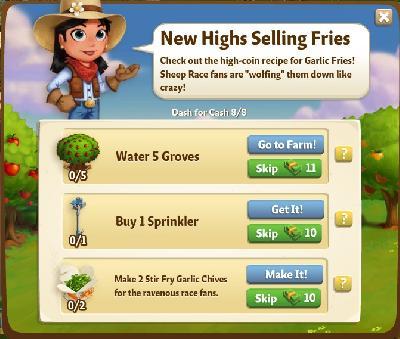 farmville 2 dash for cash: new highs selling fries rewards, bonus