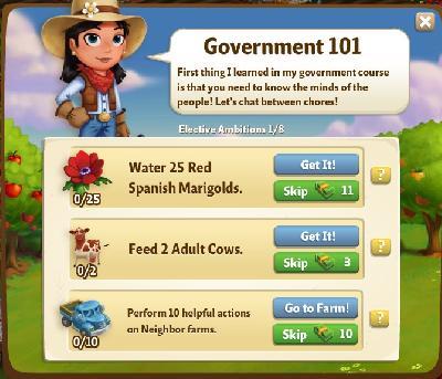 farmville 2 elective ambitions: government 101 rewards, bonus