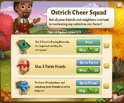 farmville 2 ostrich optimization: ostrich cheer squad rewards, bonus