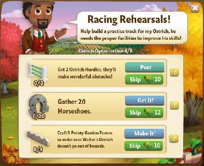 farmville 2 ostrich optimization: racing rehearsals rewards, bonus