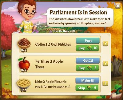 farmville 2 owl be back: parliament is in session rewards, bonus