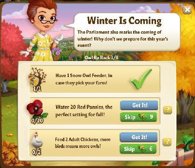 farmville 2 owl be back: winter is coming rewards, bonus