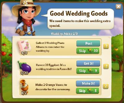 farmville 2 wedding advice: good wedding goods rewards, bonus