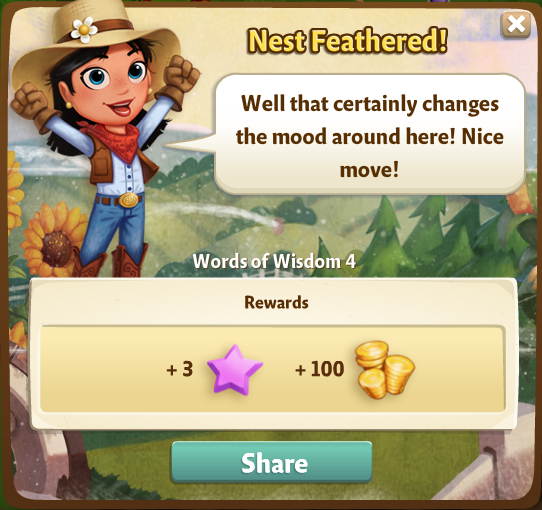 farmville 2 words of wisdom: feathering the nest rewards, bonus